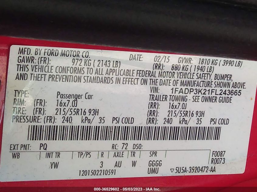 2015 FORD FOCUS SE - 1FADP3K21FL243665