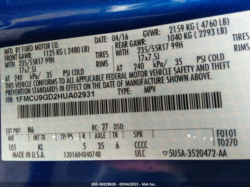 2017 FORD ESCAPE SE - 1FMCU9GD2HUA02931