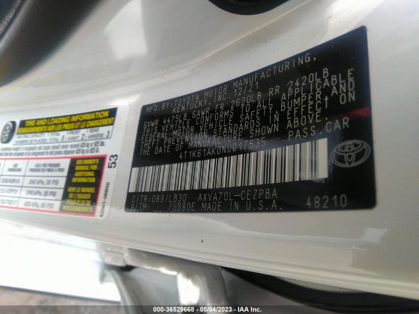 2022 TOYOTA CAMRY XSE - 4T1K61AK0NU017535