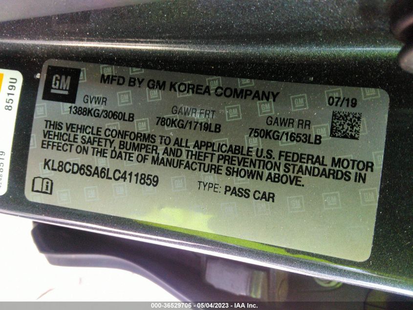 2020 CHEVROLET SPARK LT - KL8CD6SA6LC411859
