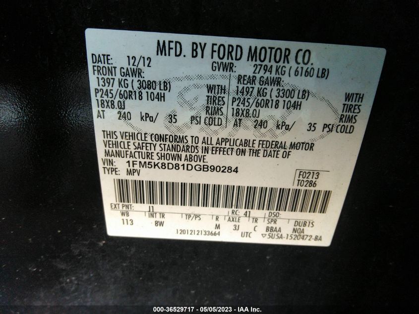 2013 FORD EXPLORER XLT - 1FM5K8D81DGB90284