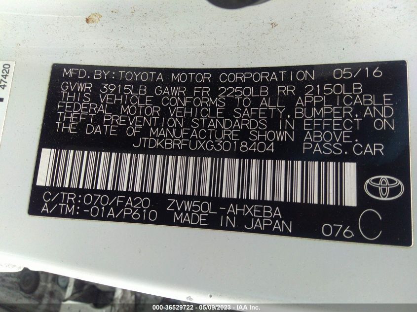2016 TOYOTA PRIUS TWO - JTDKBRFUXG3018404