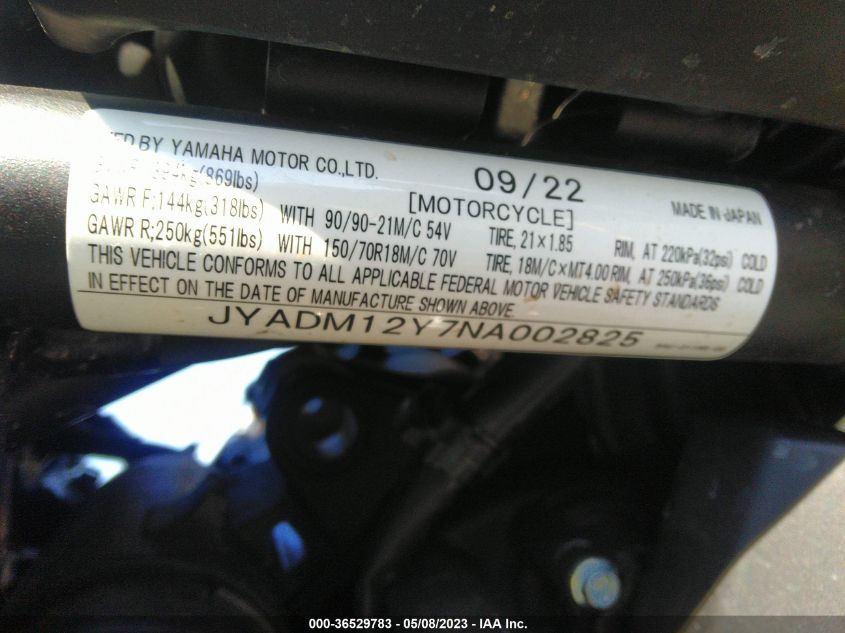 2022 YAMAHA XTZ690 JYADM12Y7NA002825