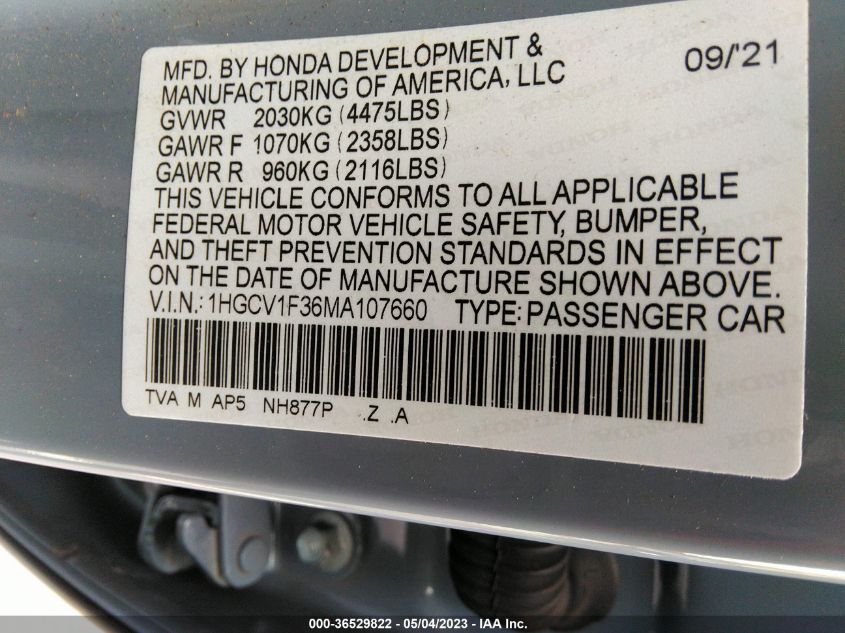 2021 HONDA ACCORD SEDAN SPORT - 1HGCV1F36MA107660