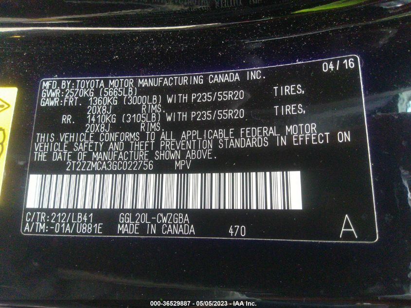 2016 LEXUS RX 350 - 2T2ZZMCA3GC022756