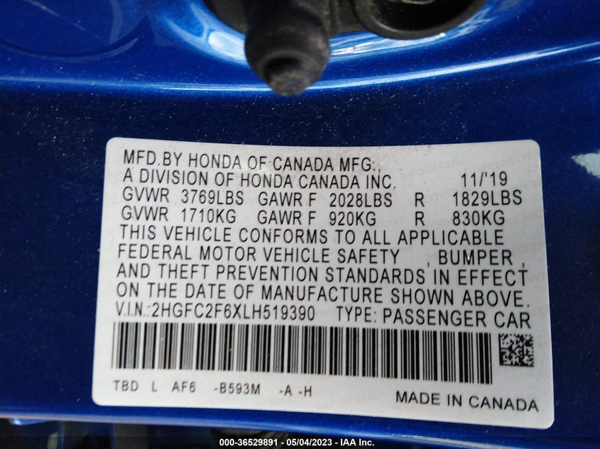 VIN 2HGFC2F6XLH519390 2020 HONDA CIVIC SEDAN LX
