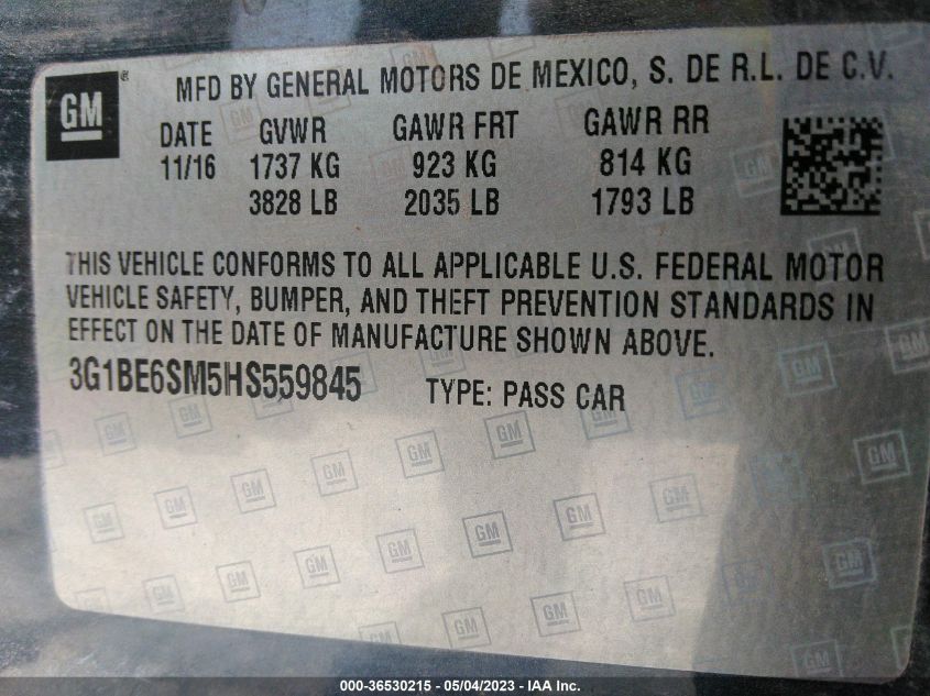 2017 CHEVROLET CRUZE LT - 3G1BE6SM5HS559845