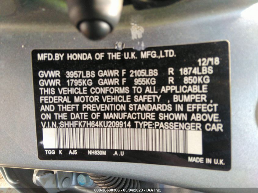 2019 HONDA CIVIC HATCHBACK EX - SHHFK7H64KU209914