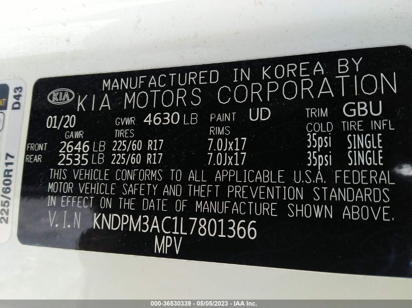 2020 KIA SPORTAGE LX - KNDPM3AC1L7801366