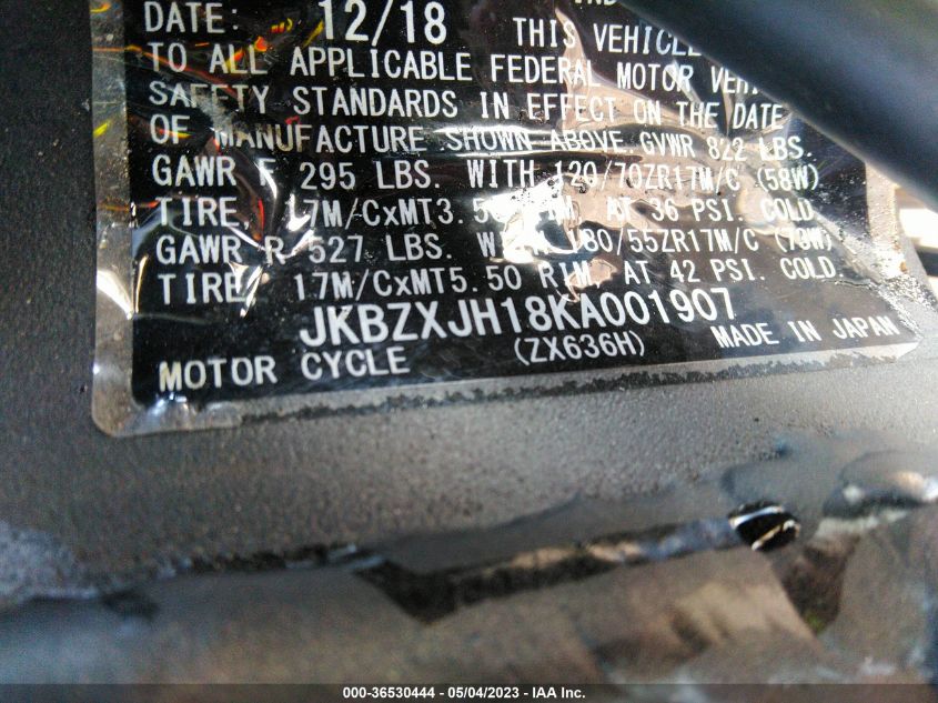 2019 KAWASAKI ZX636 K JKBZXJH18KA001907