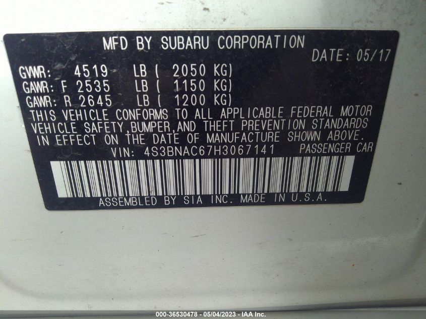 2017 SUBARU LEGACY PREMIUM - 4S3BNAC67H3067141