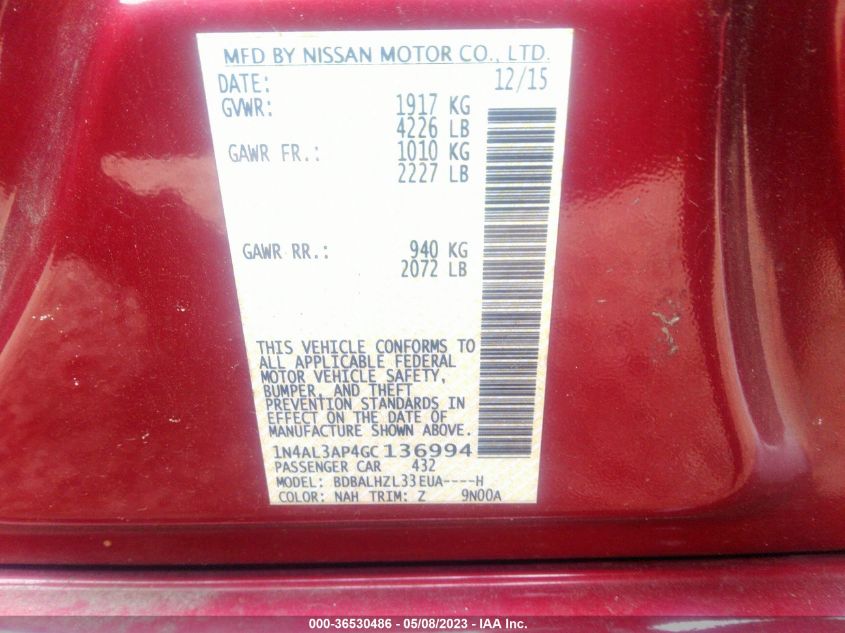 2016 NISSAN ALTIMA 2.5 SR - 1N4AL3AP4GC136994