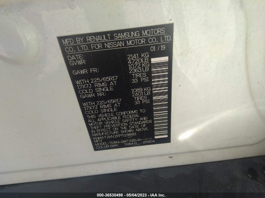 2019 NISSAN ROGUE SV - KNMAT2MV2KP529893