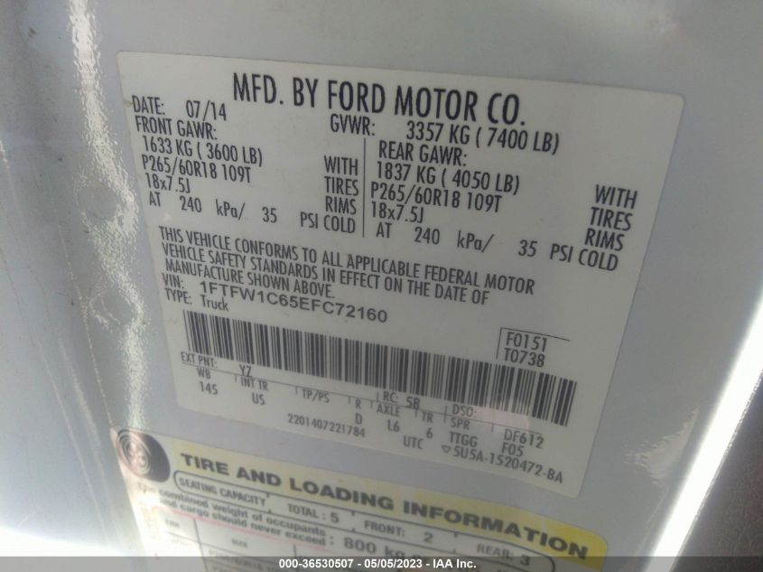 2014 FORD F-150 XLT/FX2/LARIAT/PLATINUM - 1FTFW1C65EFC72160