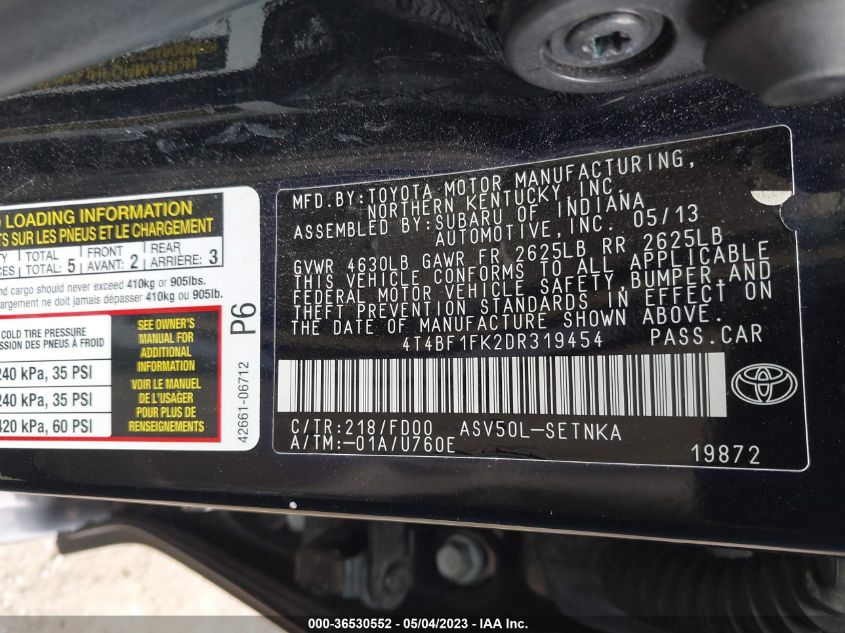 2013 TOYOTA CAMRY L/LE/SE/XLE - 4T4BF1FK2DR319454