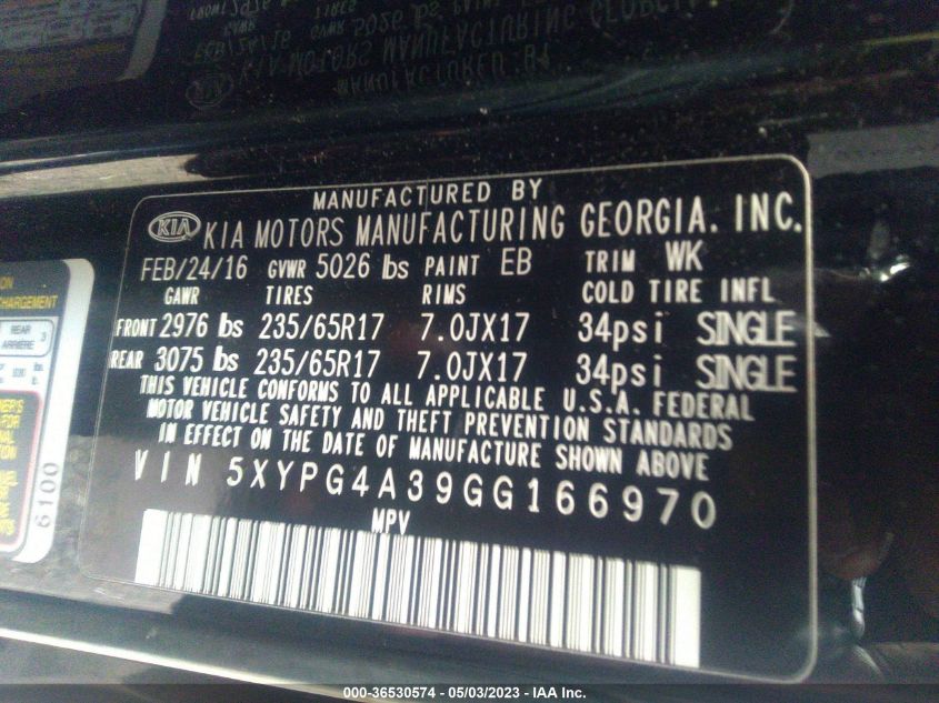 2016 KIA SORENTO L - 5XYPG4A39GG166970