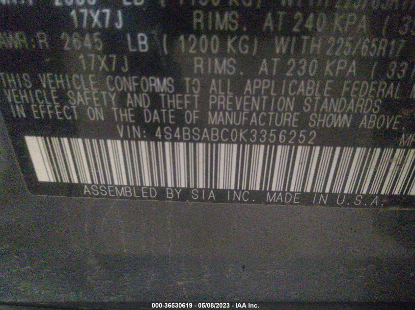 2019 SUBARU OUTBACK - 4S4BSABC0K3356252