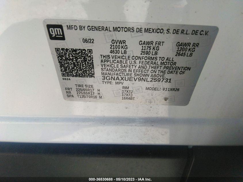 2022 CHEVROLET EQUINOX LT - 3GNAXUEV9NL259731