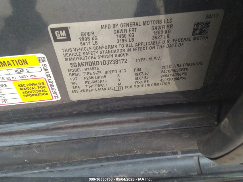 2013 BUICK ENCLAVE PREMIUM - 5GAKRDKD1DJ238172