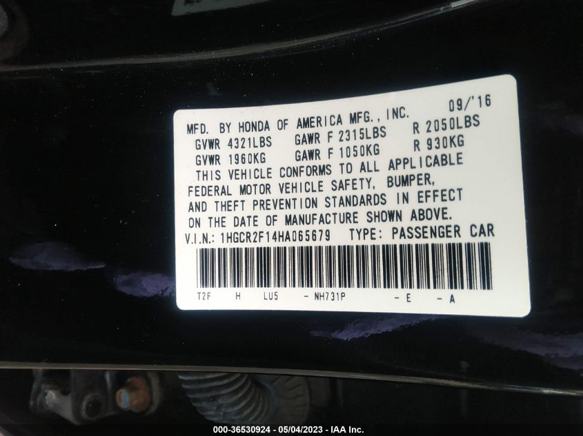 2017 HONDA ACCORD SEDAN SPORT SE - 1HGCR2F14HA065679