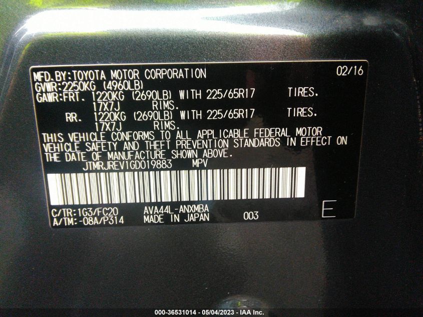 2016 TOYOTA RAV4 HYBRID XLE JTMRJREV1GD019883