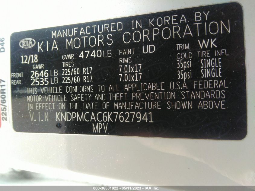 2019 KIA SPORTAGE LX - KNDPMCAC6K7627941