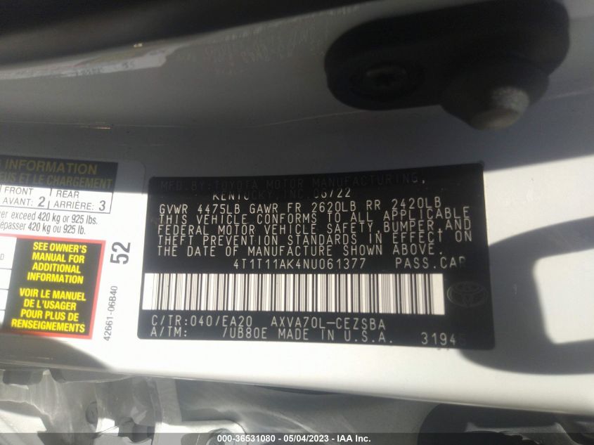 2022 TOYOTA CAMRY SE - 4T1T11AK4NU061377