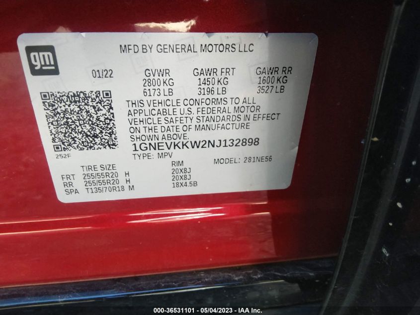 2022 CHEVROLET TRAVERSE PREMIER - 1GNEVKKW2NJ132898