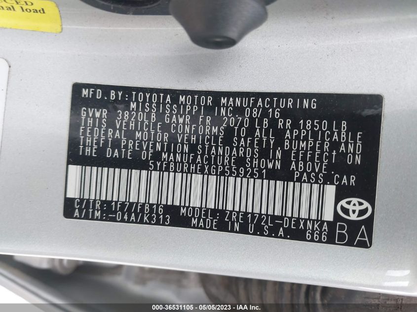 2016 TOYOTA COROLLA L/LE/S/S PLUS/LE PLUS - 5YFBURHEXGP559251