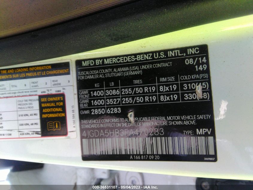 2015 MERCEDES-BENZ M-CLASS ML 350 - 4JGDA5HB3FA470233