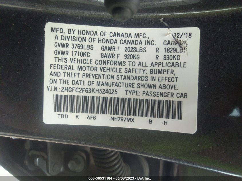 2019 HONDA CIVIC SEDAN LX - 2HGFC2F63KH524025