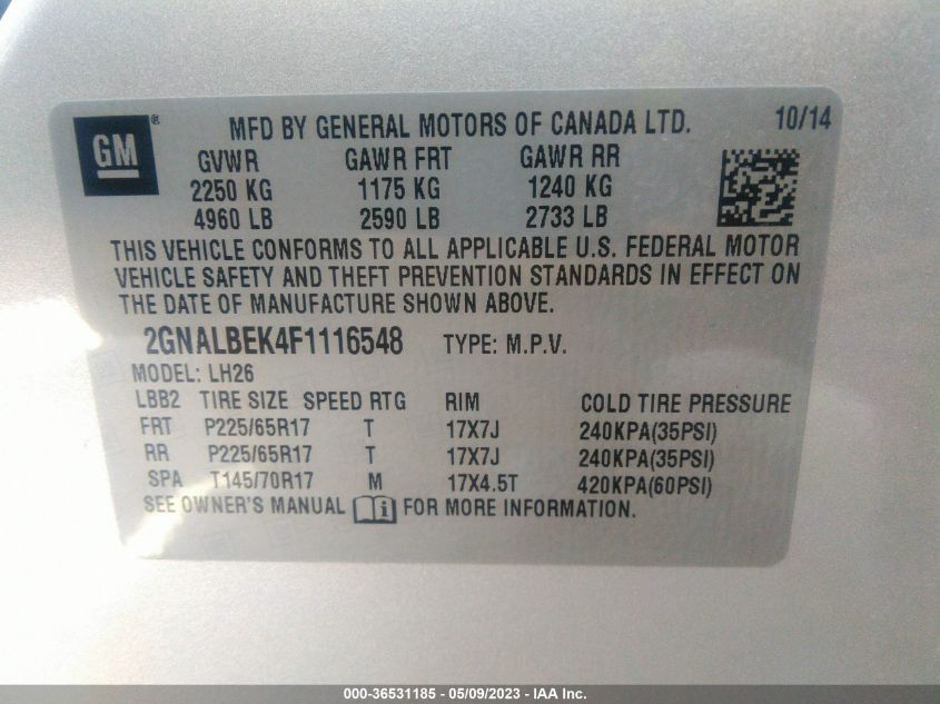 2015 CHEVROLET EQUINOX LT - 2GNALBEK4F1116548