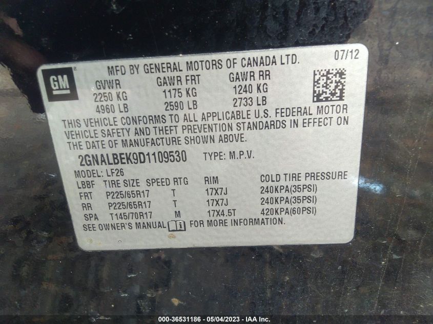 2013 CHEVROLET EQUINOX LS - 2GNALBEK9D1109530