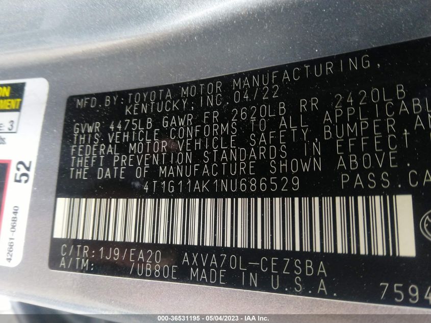 2022 TOYOTA CAMRY SE - 4T1G11AK1NU686529