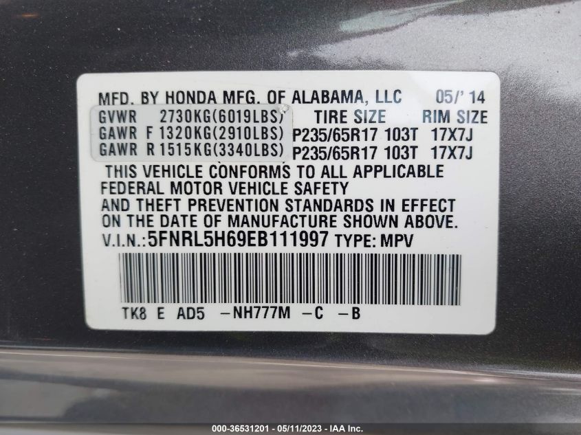 5FNRL5H69EB111997 2014 HONDA ODYSSEY, photo no. 9