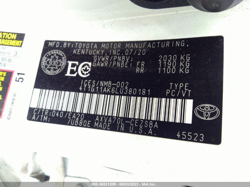 2020 TOYOTA CAMRY SE - 4T1G11AK6LU380181