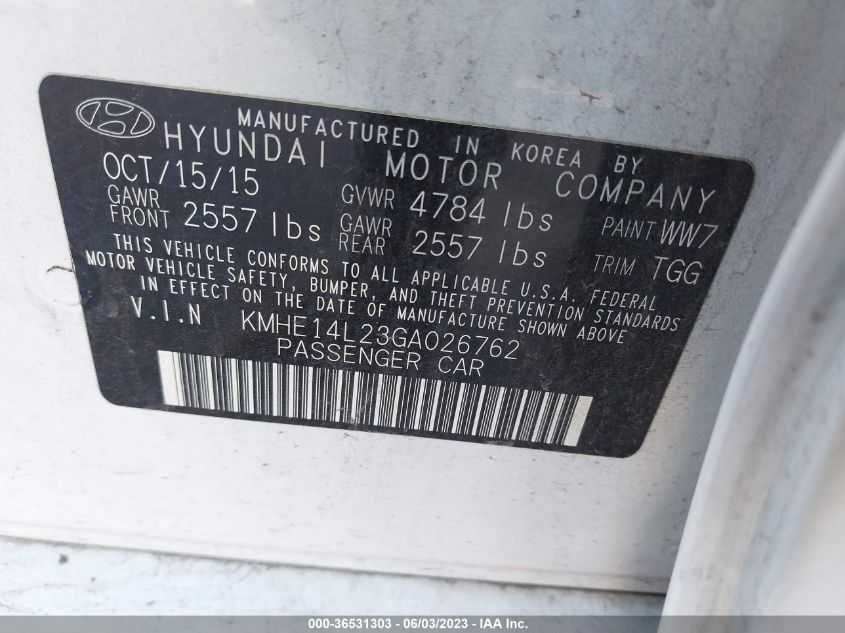 2016 HYUNDAI SONATA PLUG-IN HYBRID KMHE14L23GA026762