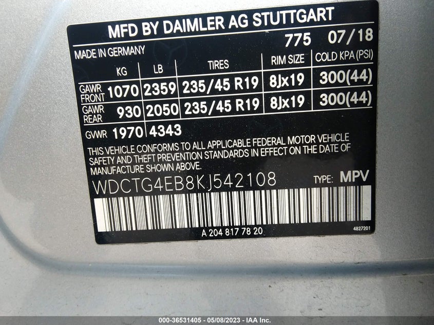 VIN WDCTG4EB8KJ542108 2019 MERCEDES-BENZ GLA GLA 250