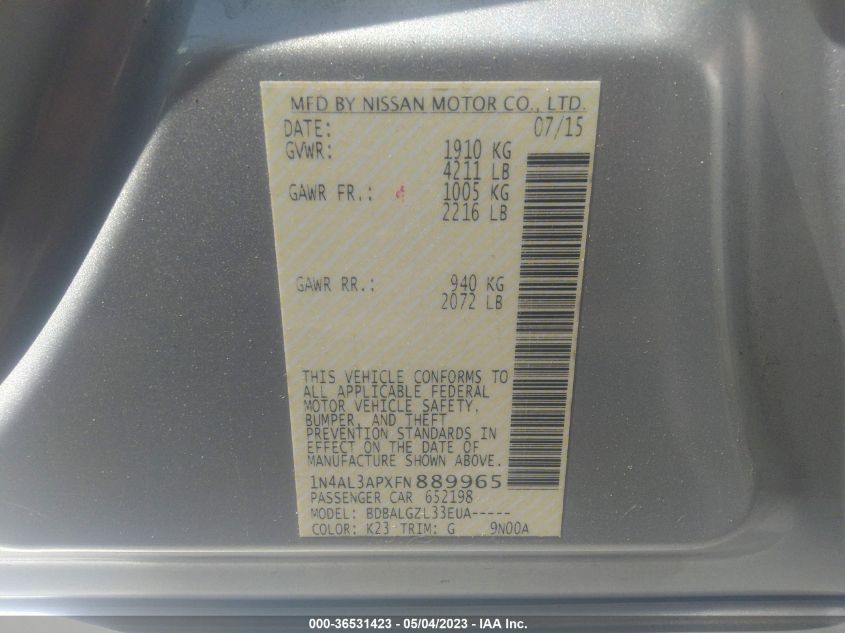 2015 NISSAN ALTIMA 2.5 - 1N4AL3APXFN889965