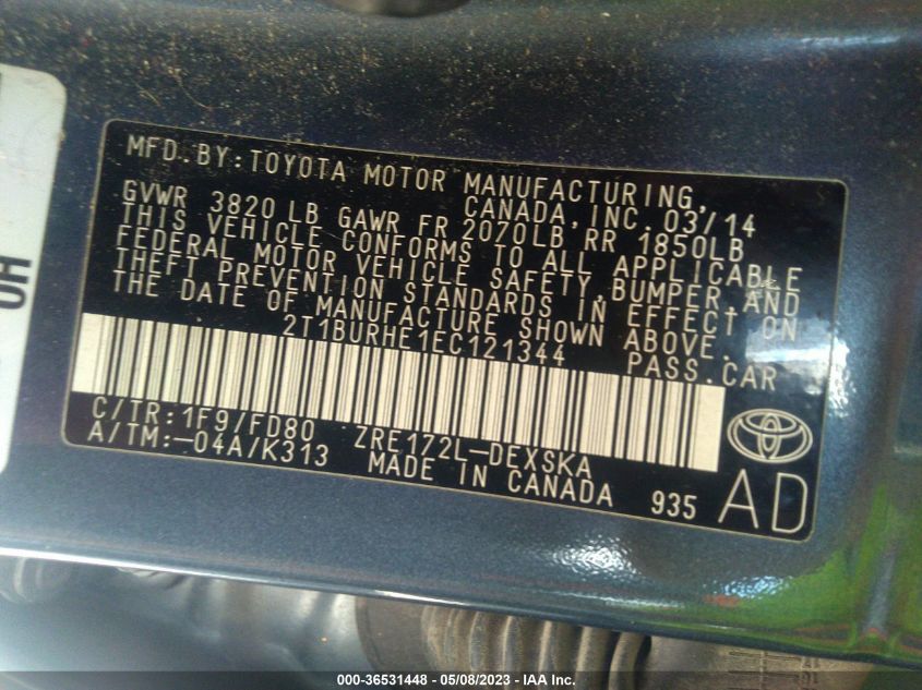 2014 TOYOTA COROLLA L/LE/S/S PLUS/LE PLUS - 2T1BURHE1EC121344