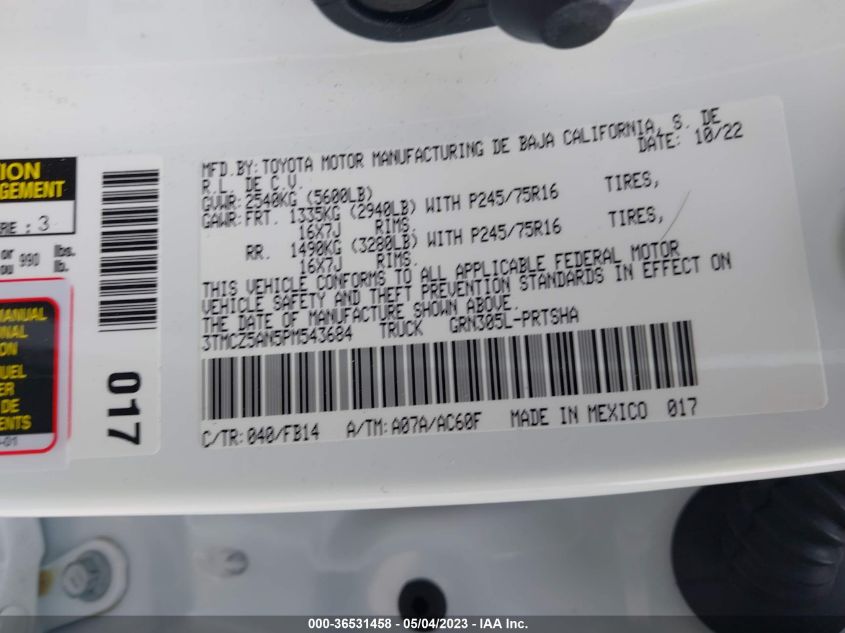 2023 TOYOTA TACOMA 4WD SR/SR5/TRD SPORT - 3TMCZ5AN5PM543684
