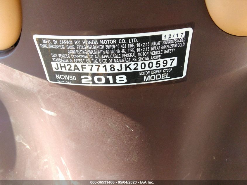 2018 HONDA NCW50 - JH2AF7718JK200597