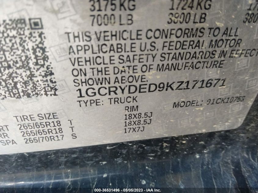 2019 CHEVROLET SILVERADO 1500 LT - 1GCRYDED9KZ171671