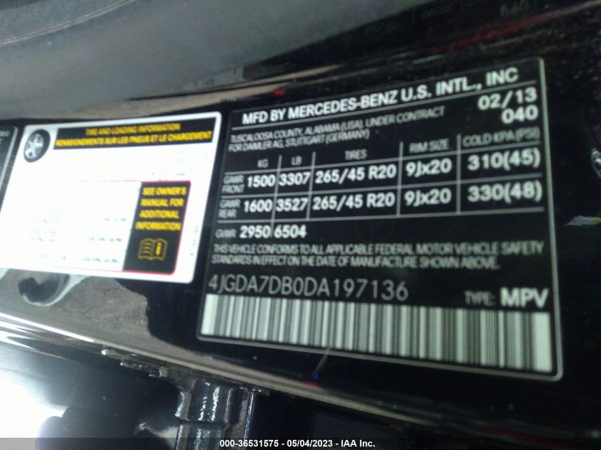 2013 MERCEDES-BENZ M-CLASS ML 550 - 4JGDA7DB0DA197136