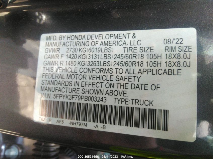 2023 HONDA RIDGELINE RTL-E - 5FPYK3F79PB003243