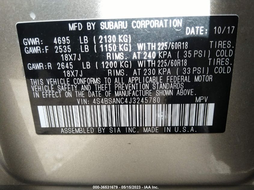 2018 SUBARU OUTBACK LIMITED - 4S4BSANC4J3245780