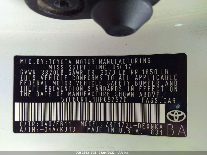 2017 TOYOTA COROLLA L/LE/XLE/SE - 5YFBURHE1HP697570