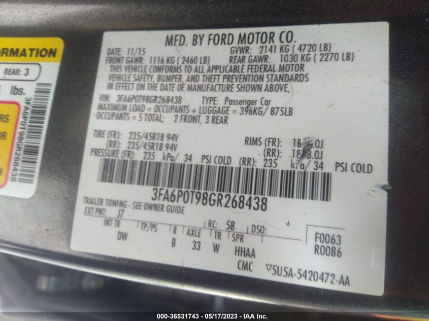 2016 FORD FUSION SE - 3FA6P0T98GR268438