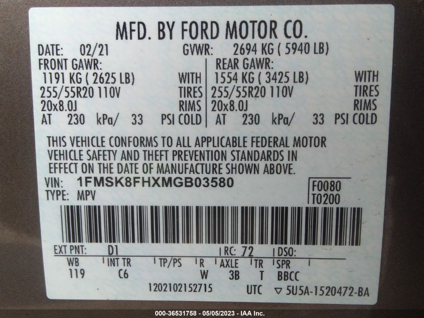 2021 FORD EXPLORER LIMITED - 1FMSK8FHXMGB03580