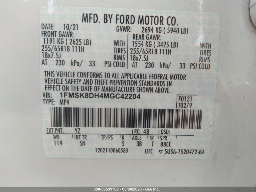 2021 FORD EXPLORER XLT - 1FMSK8DH4MGC42204